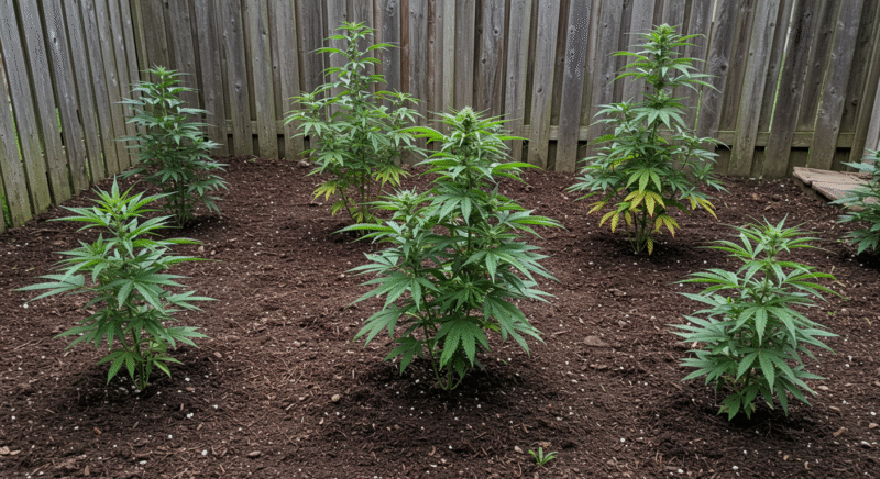 Several young cannabis plants growing in rich soil within a fenced backyard garden.