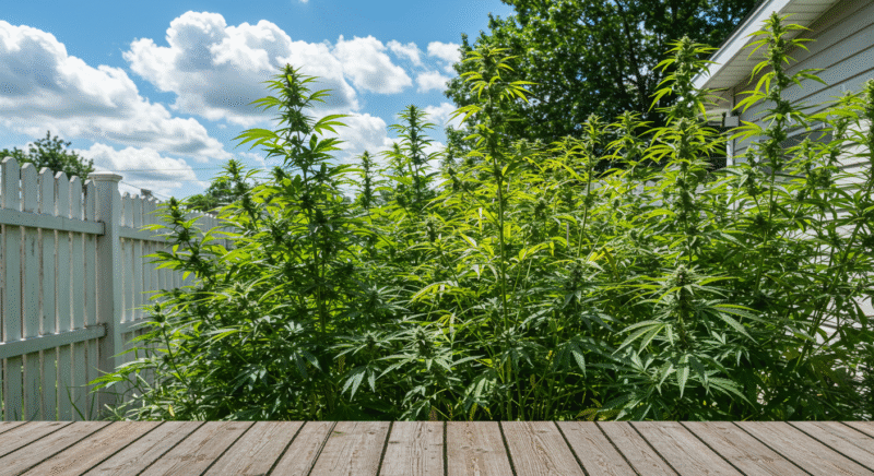 A dense cluster of tall cannabis plants growing beside a white picket fence under a bright blue sky.