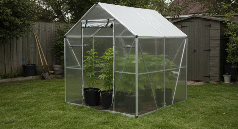 cannabis plants growing inside a transparent plastic greenhouse in a backyard garden.