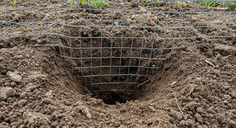 Wire mesh inserted into a dug planting hole for rodent protection