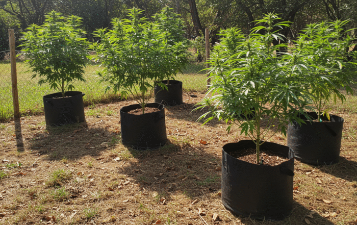 cannabis plants growing outdoors in fabric pots inside a fenced area on a sunny day.