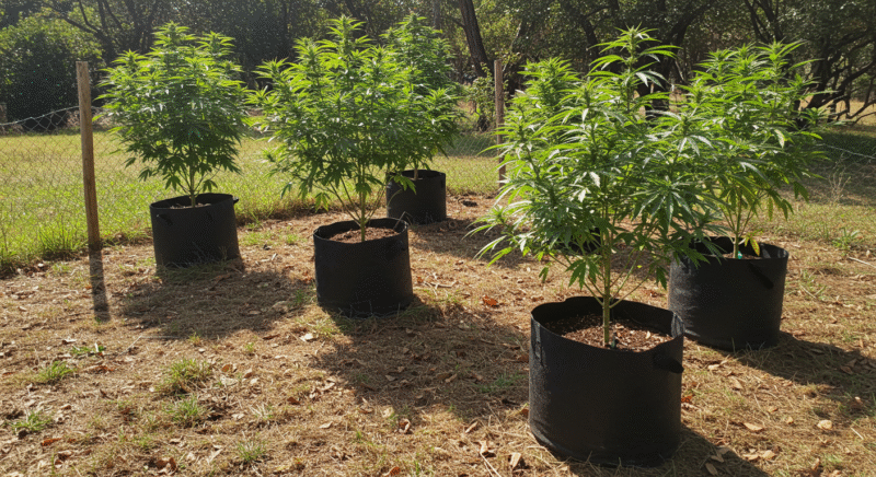 cannabis plants growing outdoors in fabric pots inside a fenced area on a sunny day.