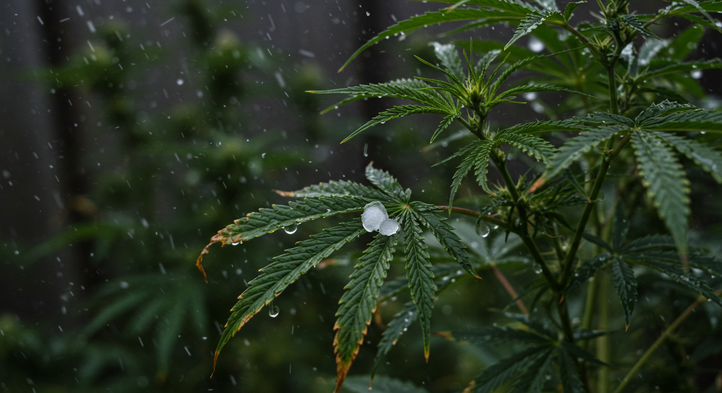 Cannabis leaf damaged during a hailstorm
