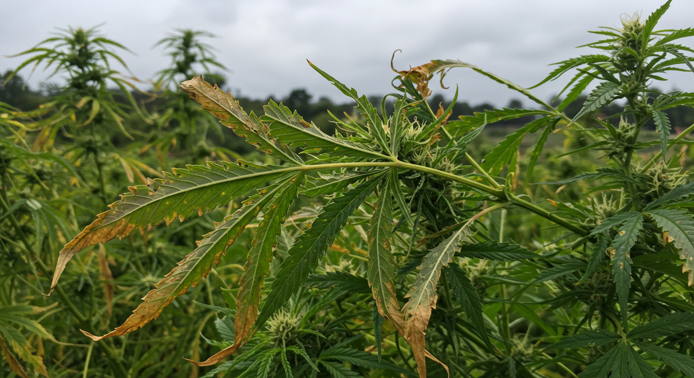 Close-up of burnt and broken cannabis leaf after harsh weather.