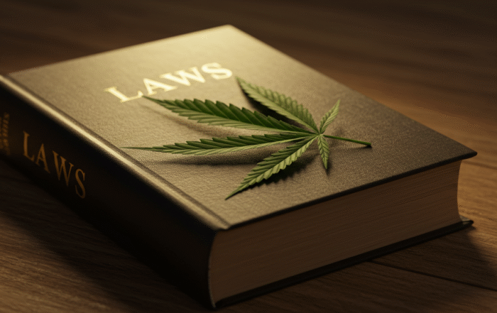hardcover book titled "Laws" with a cannabis leaf placed on top, symbolizing cannabis legislation.