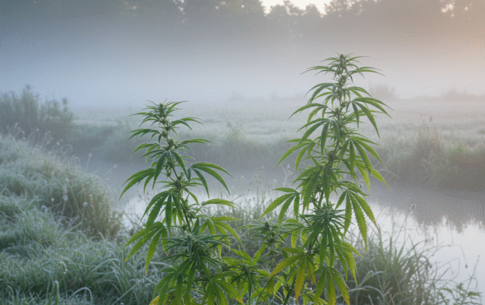 Outdoor cannabis plants covered in morning dew near a river in a foggy, cold landscape