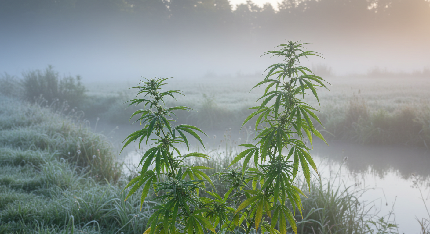 Outdoor cannabis plants covered in morning dew near a river in a foggy, cold landscape