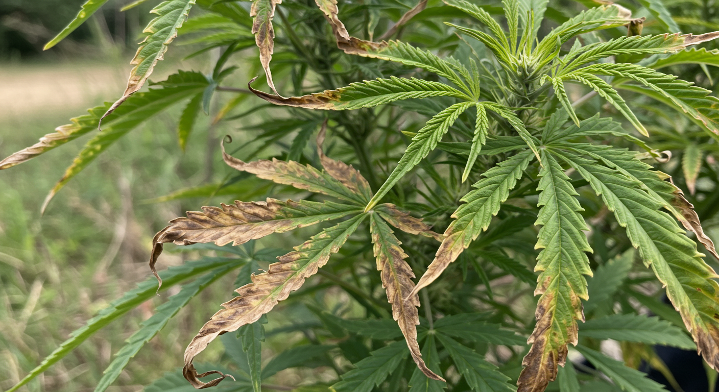 cannabis-nutrient-burn-leaves_2 Cannabis leaves showing severe nutrient burn with brown, curled, and crispy edges