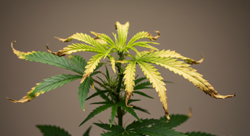 cannabis plant suffering from light burn, showing yellowed and curled leaf tips at the top of the plant.