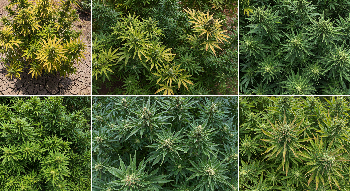 Grid of six cannabis plants showing various signs of nutrient deficiency, including yellowing and curling leaves, alongside healthy green plants for comparison.