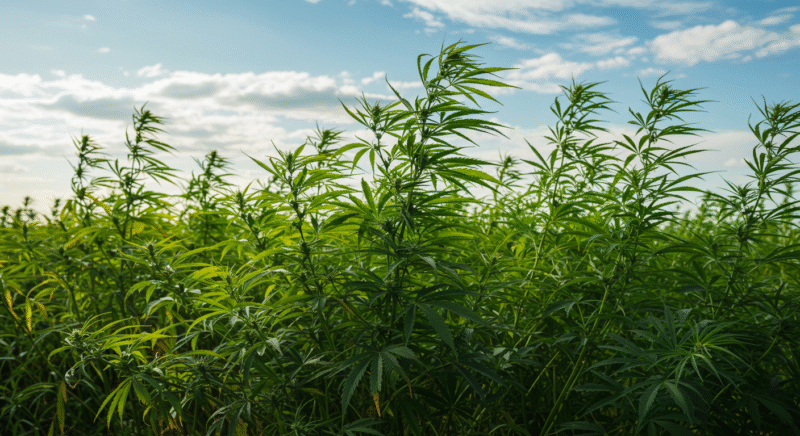 Cannabis plants thriving in a sunny open field under a blue sky with scattered clouds