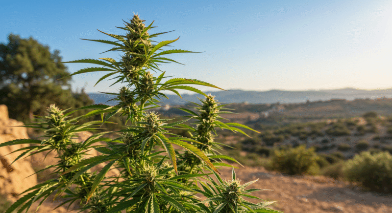 Cannabis plant growing on a dry hillside with a scenic view of rolling hills and a warm sunset in the background.