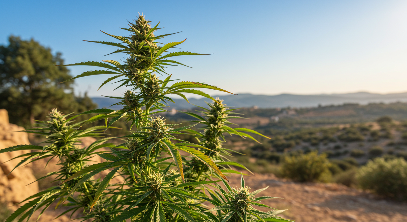 cannabis-plant-dry-hillside-sunset Cannabis plant growing on a dry hillside with a scenic view of rolling hills and a warm sunset in the background.