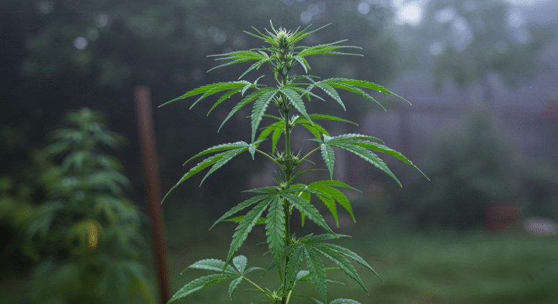Young cannabis plant developing bud sites in a humid, misty outdoor environment