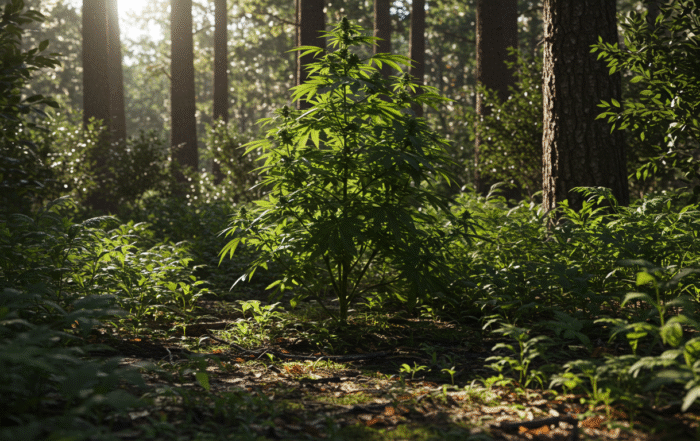 Lone cannabis plant growing in a sunlit forest clearing surrounded by wild vegetation.