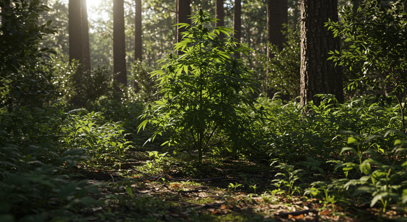 Lone cannabis plant growing in a sunlit forest clearing surrounded by wild vegetation.