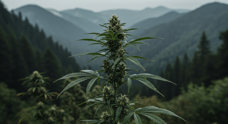 Mature cannabis plant in full bloom growing outdoors in a lush, mountainous forest landscape