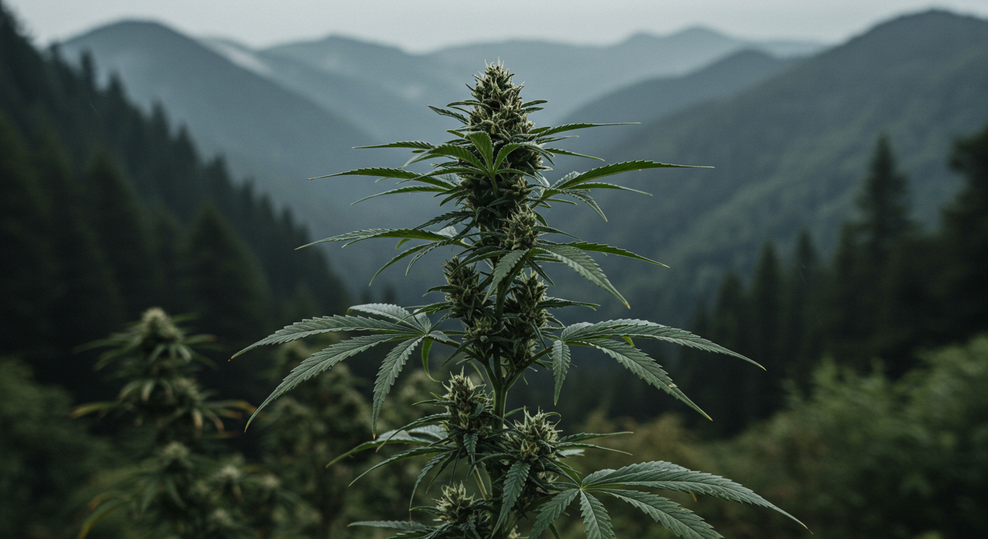 Flowering cannabis plant growing in a mountainous landscape