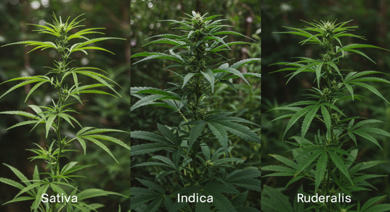Side-by-side comparison of Sativa, Indica, and Ruderalis cannabis plants highlighting differences in leaf structure and growth patterns