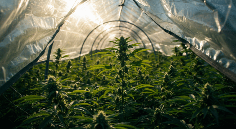 Flowering cannabis plants inside a transparent plastic tunnel greenhouse at sunset.