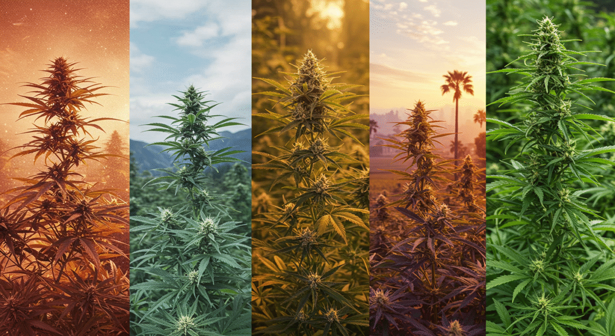 Five cannabis plants growing in varying outdoor climates, each under different lighting and environmental conditions from warm to cool tones