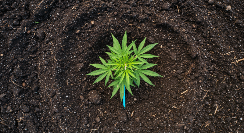 Young cannabis plant growing in nutrient-rich dark soil viewed from above