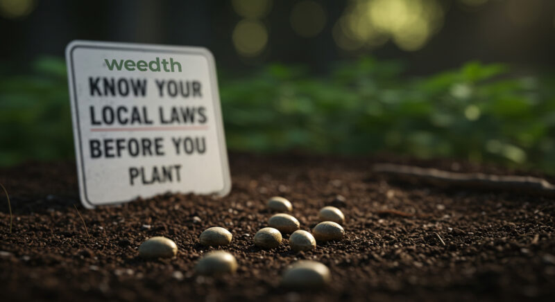 Cannabis seeds scattered on soil in front of a sign reading 
