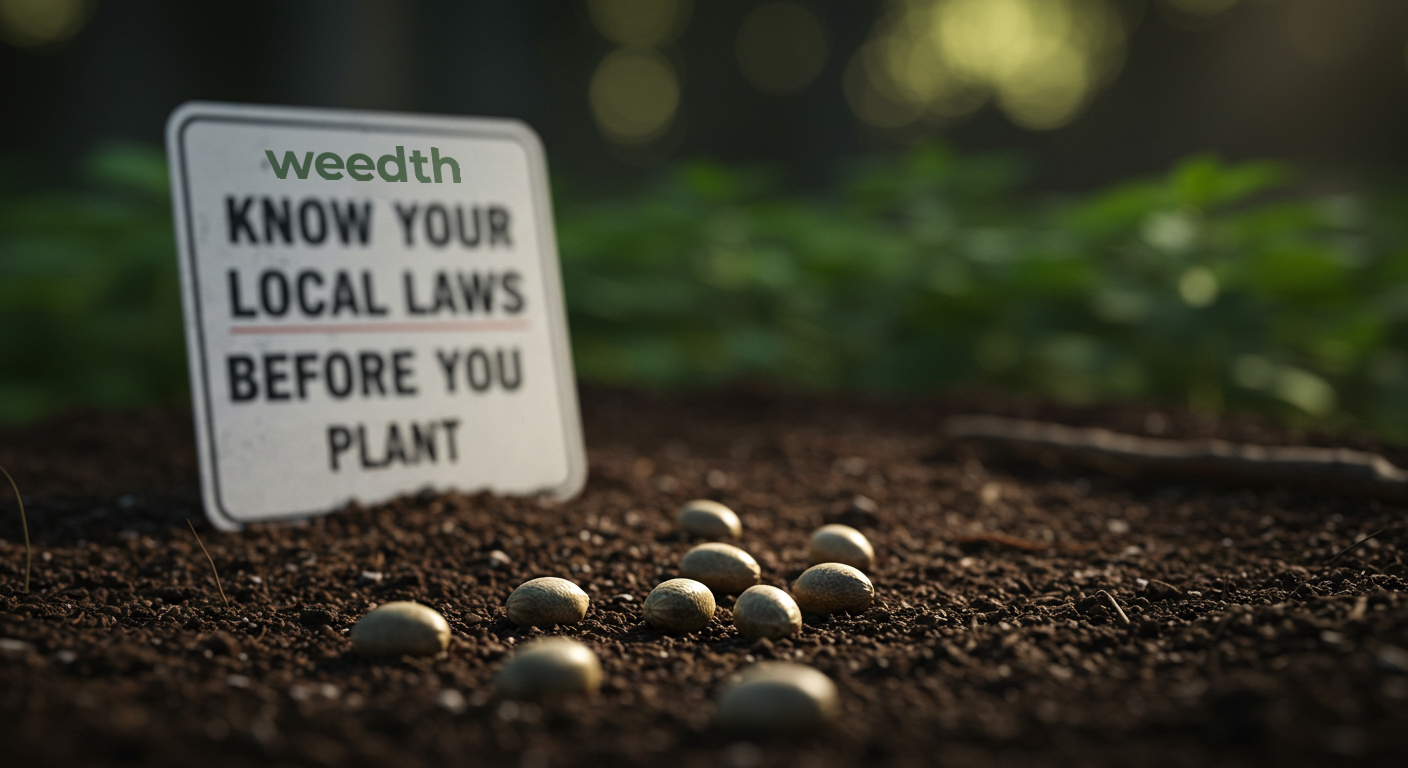 Cannabis seeds beside a reminder to know local laws before planting