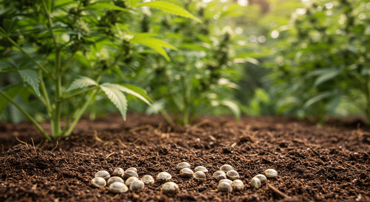 cannabis seeds scattered on soil with healthy cannabis plants growing in the background.