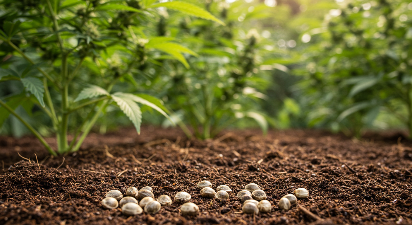cannabis-seeds-on-soil-with-growing-plants.jpg cannabis seeds scattered on soil with healthy cannabis plants growing in the background.