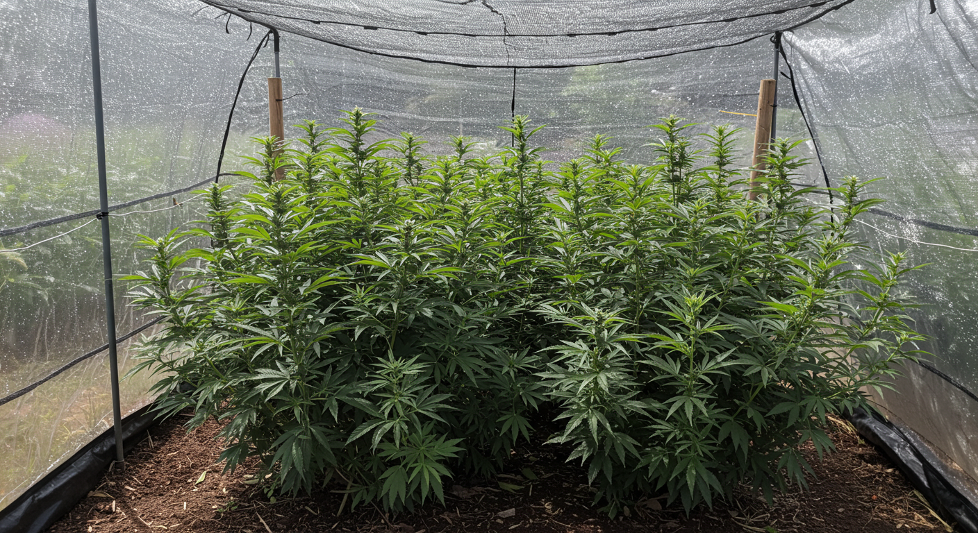 Outdoor cannabis protected with shade cloth