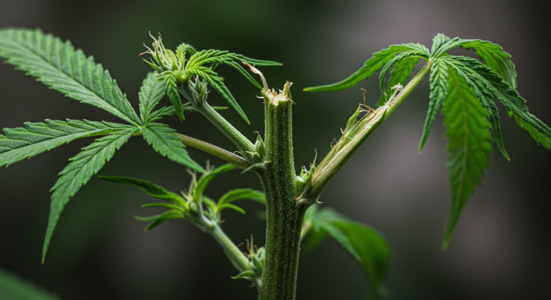 A broken cannabis stem caused by strong wind, showing damage at the main stalk.
