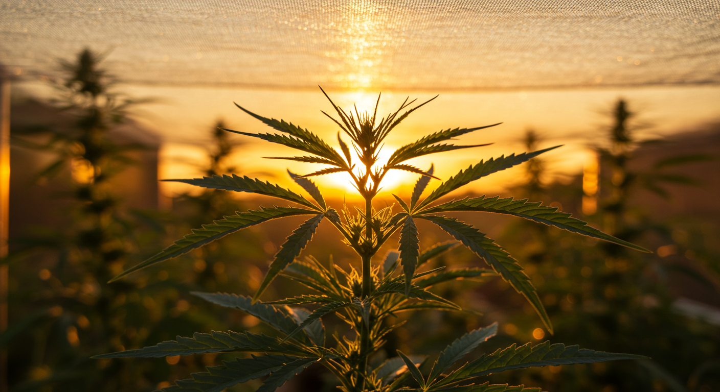 Outdoor cannabis beneath protective mesh at sunset