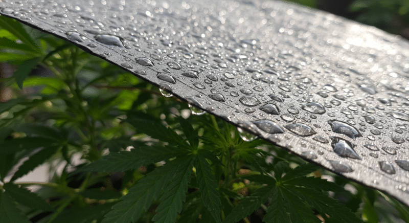 Cannabis plant protected by tarp during nighttime rain
