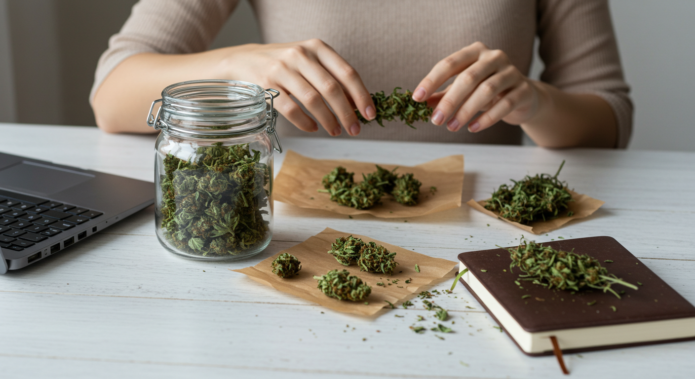 Person trimming dried cannabis buds at a desk, with a jar full of buds, parchment papers, and a notebook nearby
