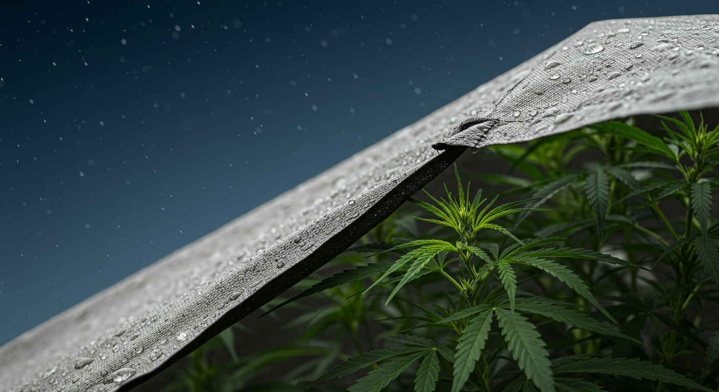 Outdoor cannabis protected under tarp in rain