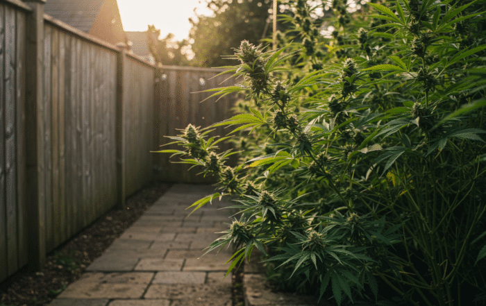Mature cannabis plants growing densely along a wooden fence in a narrow backyard path, illuminated by golden sunset light.