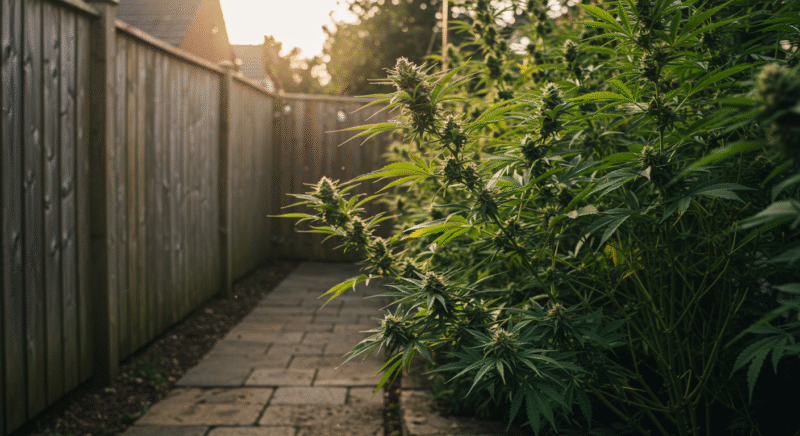 Mature cannabis plants growing densely along a wooden fence in a narrow backyard path, illuminated by golden sunset light.