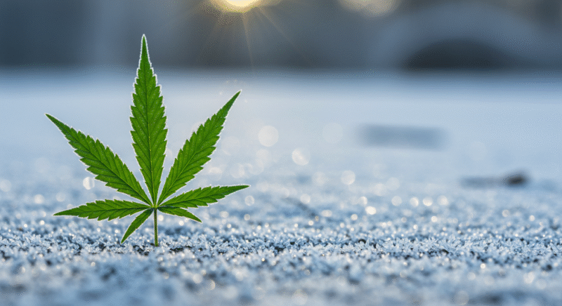 A single green cannabis leaf standing upright on a frosted ground under early morning sunlight, symbolizing resilience in cold temperatures.