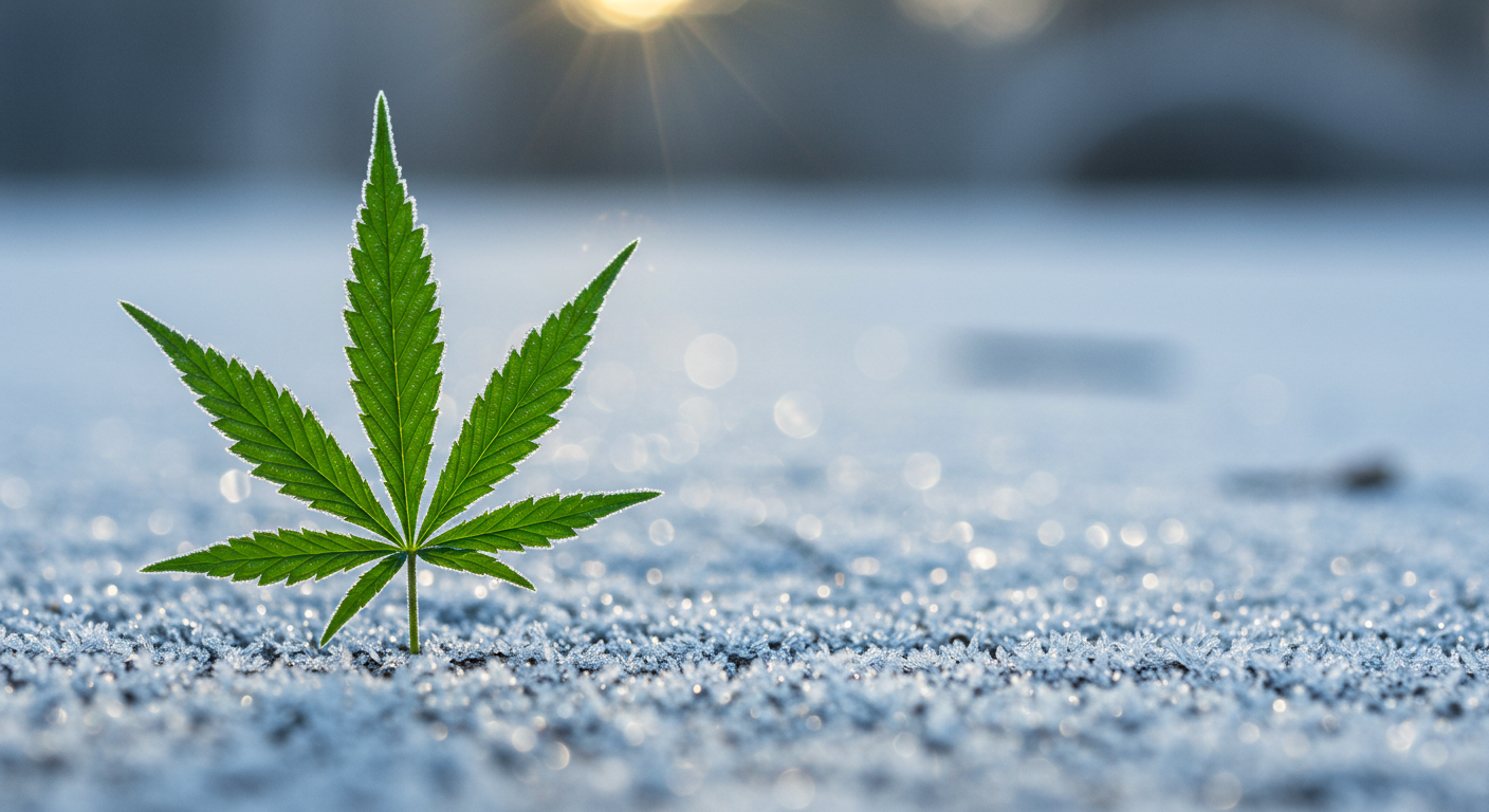 A single green cannabis leaf standing upright on a frosted ground under early morning sunlight, symbolizing resilience in cold temperatures.