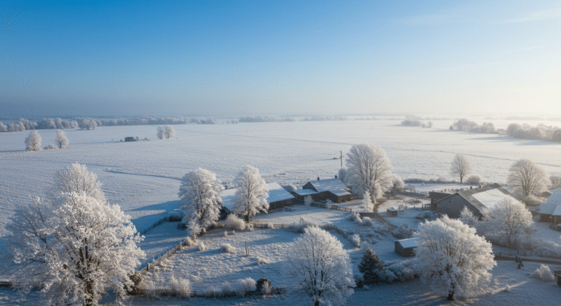 An aerial view of a rural farm landscape completely covered in frost and snow, illustrating the challenges of outdoor cannabis cultivation during winter.