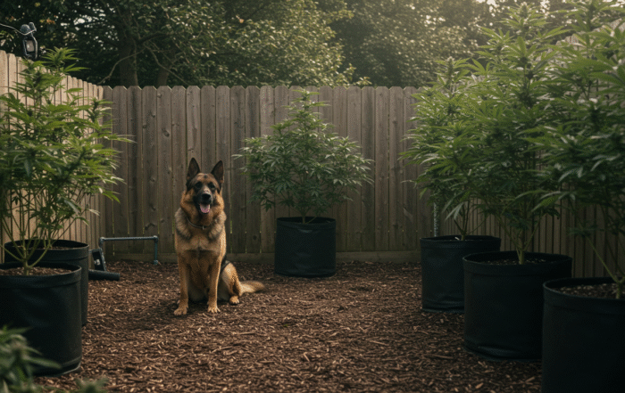 German Shepherd dog sitting in a fenced backyard among cannabis plants in fabric pots, under the watch of a security camera.