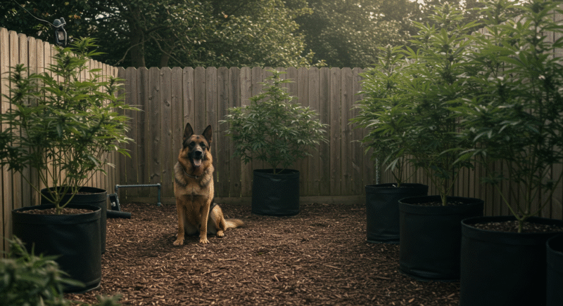 German Shepherd dog sitting in a fenced backyard among cannabis plants in fabric pots, under the watch of a security camera.