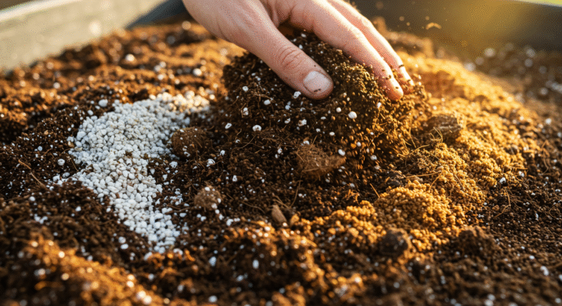 Hand mixing organic soil amendments like perlite and coco coir under warm sunlight