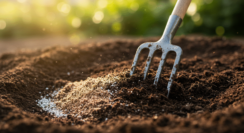 mixing compost with