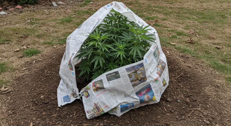 Cannabis plant partially covered with newspapers to retain soil heat and protect from overnight frost.