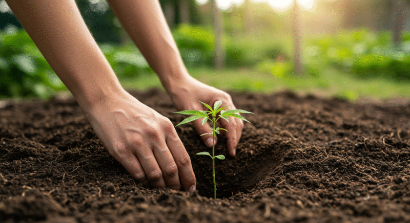 Person stabilizing a young cannabis plant in soil using a gardening tool for secure planting