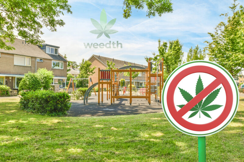 a children's play area in the back yard with some trees and houses in the background on a sunny day