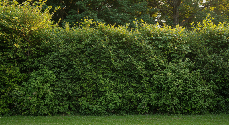 Dense green hedge acting as a natural privacy barrier in a backyard