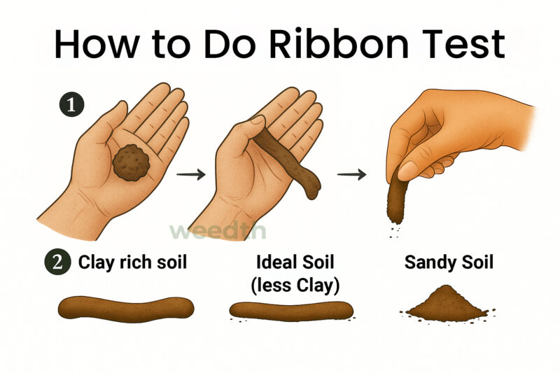 Illustration showing how to perform the ribbon test on soil, comparing clay-rich, ideal, and sandy soil types